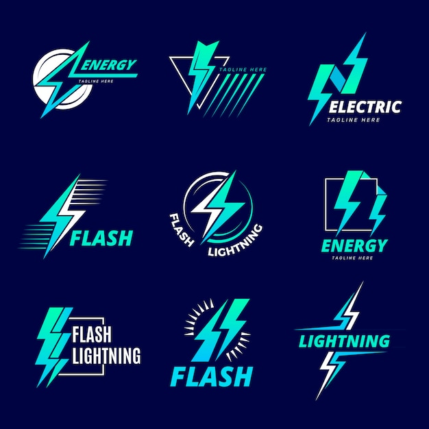 Logotipo de rayo Símbolos de electricidad y flash emblema de poder fuerza fuerte rayos plantillas de insignias vectoriales recientes con lugar para texto Ilustración de energía flash potencia y rayo