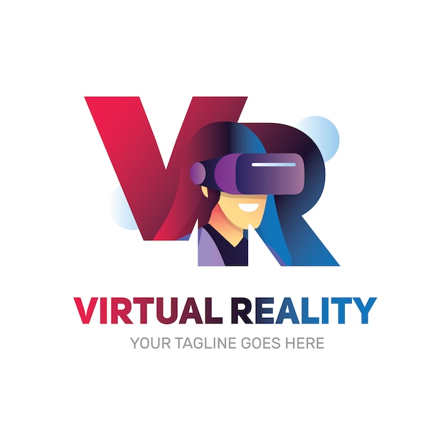 Vector logotipo de realidad virtual vr con forma de mujer en el interior usando una caja de realidad virtual