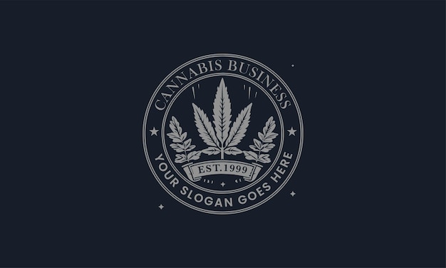 Logotipo redondeado vintage de hoja de cannabis con texto Cannabis Business logotipo de hoja de cannabis estilo vintage