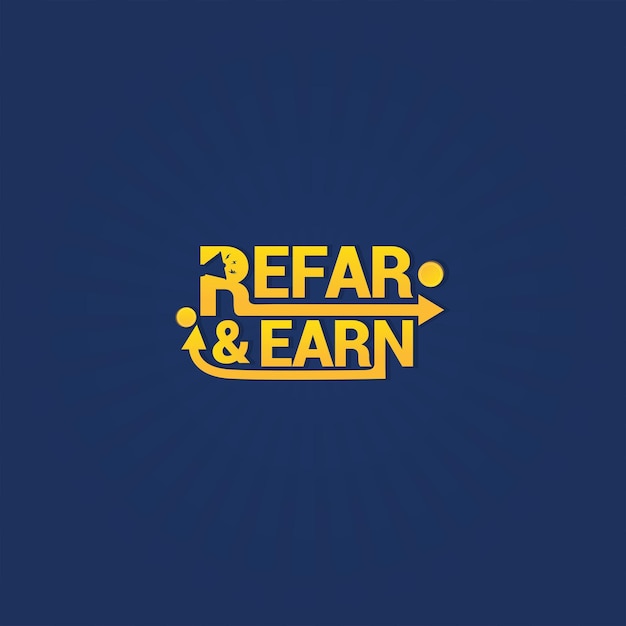 El logotipo de Refer amp Earn con letras en negrita con una flecha de megáfono e icono de moneda