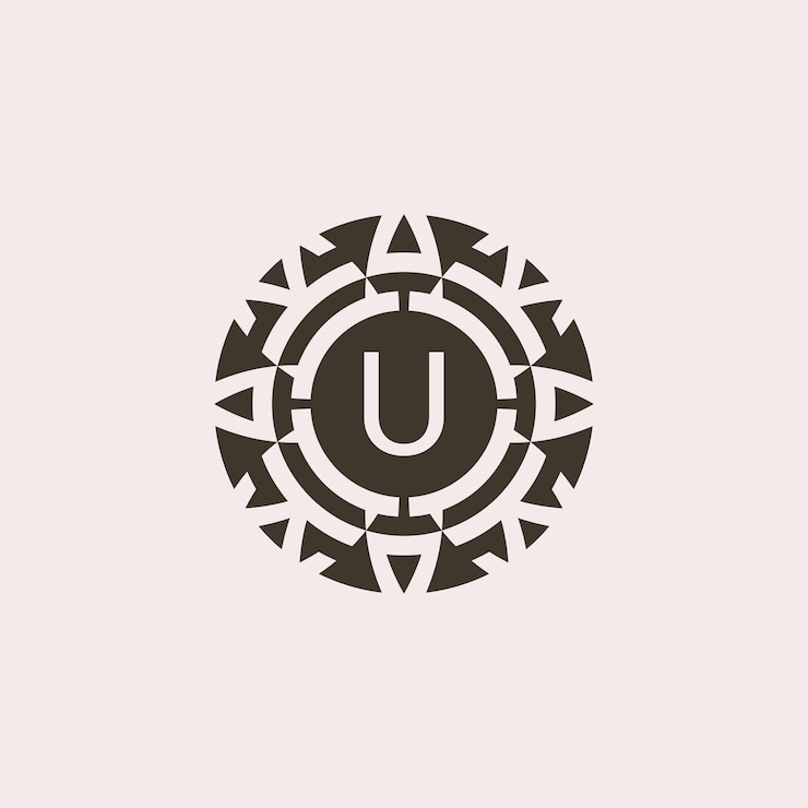 Vector logotipo de relieve abstracto de la medalla ornamental de la letra inicial u