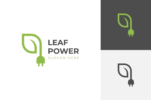 Logotipo renovable con diseño de icono de ahorro de energía verde hoja de carga eléctrica y concepto de diseño de letrero de enchufe diseño de logotipo sostenible