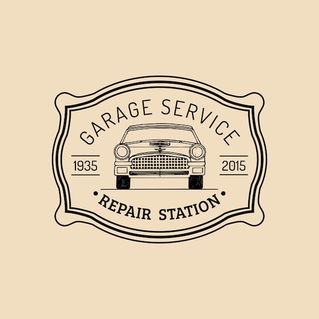 Vector logotipo de reparación de automóviles con ilustración de automóvil retro vector vintage dibujado a mano garaje auto servicio publicidad cartel tarjeta etc.