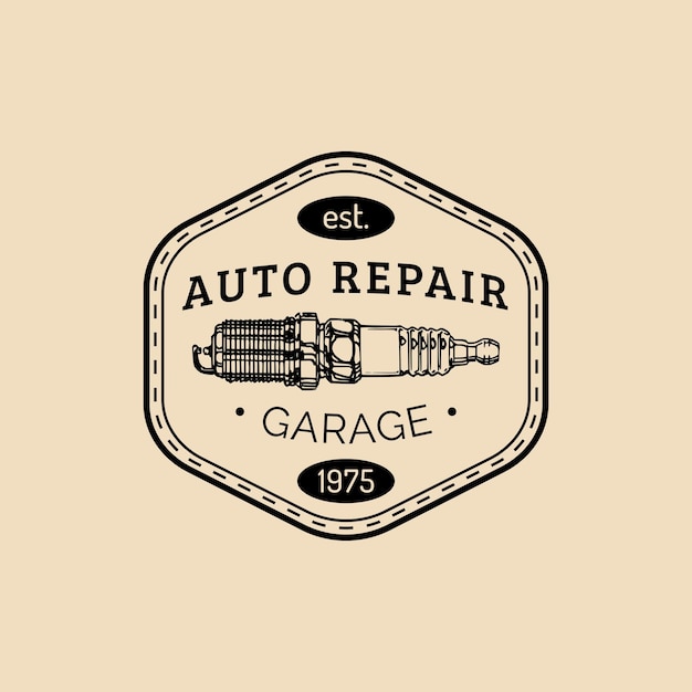 Vector logotipo de reparación de automóviles con ilustración de bujía vector vintage dibujado a mano garaje auto servicio publicidad cartel tarjeta, etc.