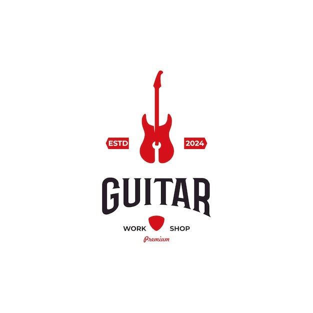 Vector el logotipo de reparación de la guitarra la guitarra con el logotipo de la llave inglesa la etiqueta del emblema vintage