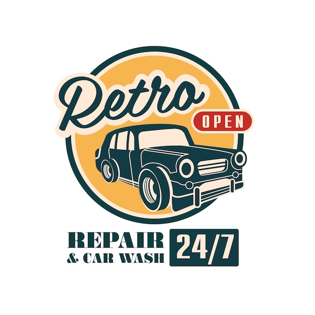 Logotipo de reparación y lavado de automóviles fesign 24 7 insignia de servicio de automóviles vector de etiqueta retro vintage Ilustración aislada sobre un fondo blanco