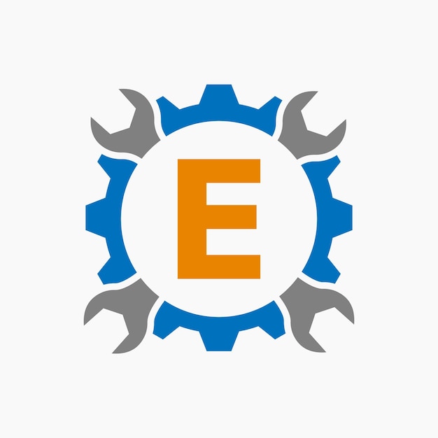 Logotipo de reparación de letra E Símbolo de tecnología de engranaje Diseño de logotipo de servicio de construcción