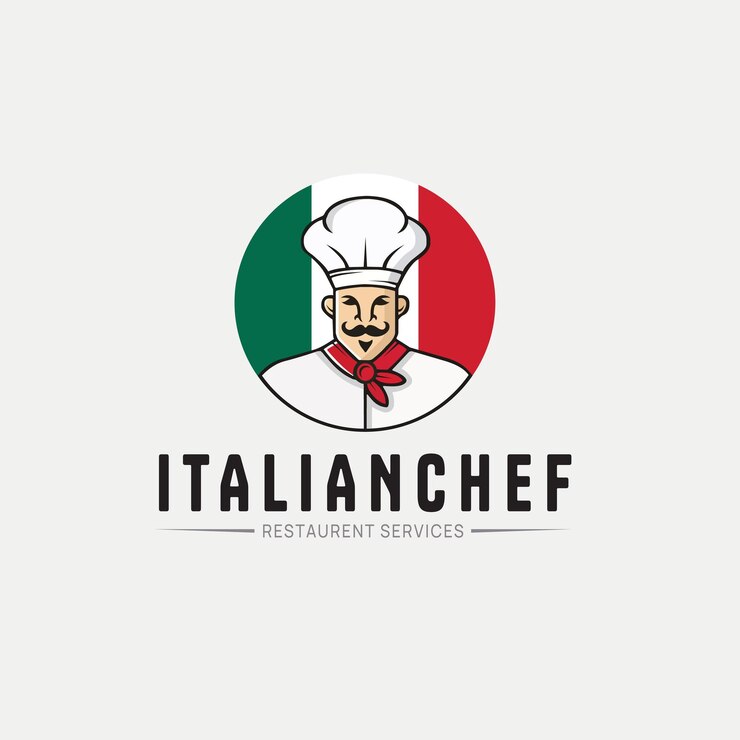 Logotipo del restaurante con chef y bandera italiana.