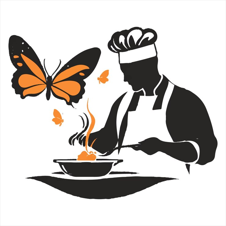 Vector el logotipo del restaurante de un chef cocinando y una mariposa monarca sobre un fondo blanco