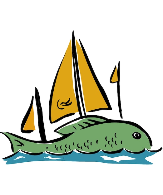 Vector logotipo del restaurante de pescado de velero icono ilustración identidad de la marca velero flotando en el océano