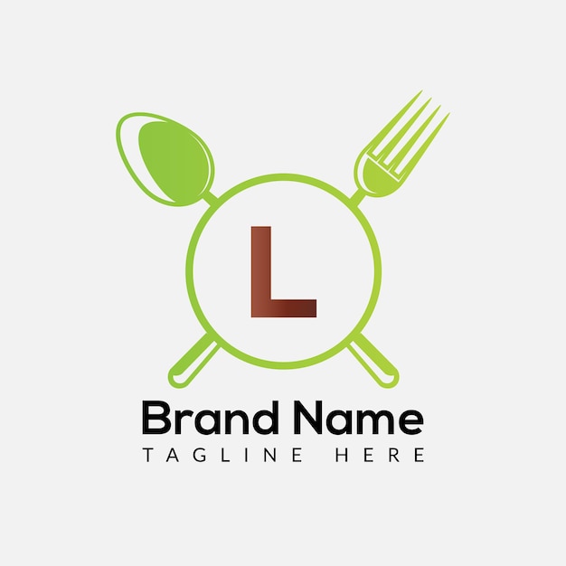 Logotipo del restaurante en la plantilla de letra L. Comida en letra L, concepto de signo de chef inicial