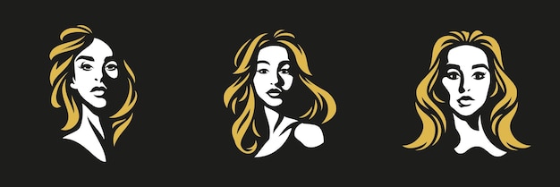 Logotipo de retrato minimalista abstracto de mujer joven rubia para estilista cosmetólogo conjunto vector plano