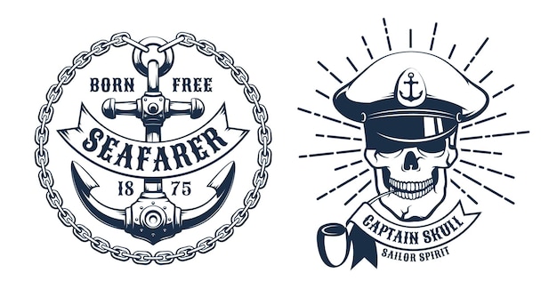 El logotipo retro de la cabeza del cráneo del capitán del barco