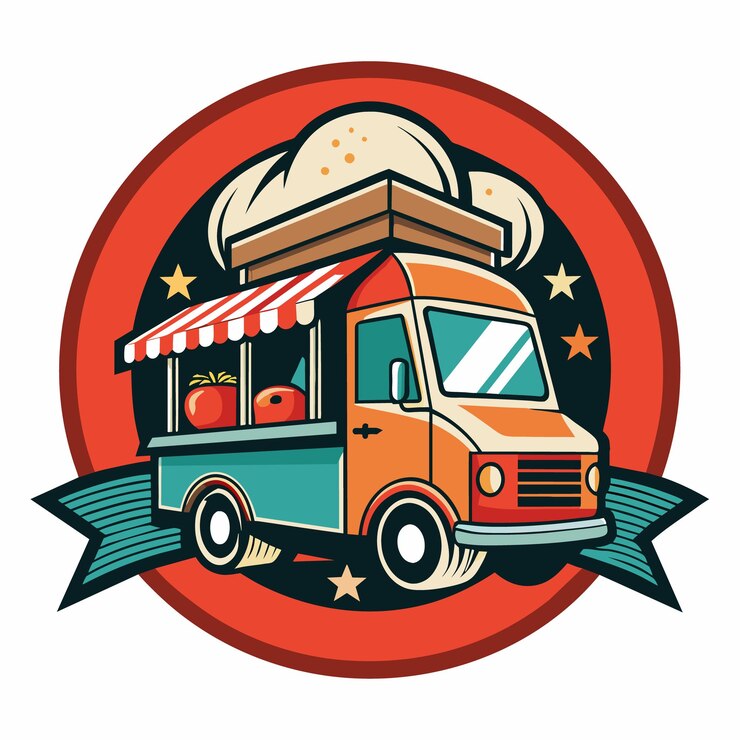 Vector logotipo retro de camión de comida con círculo rojo y estrellas