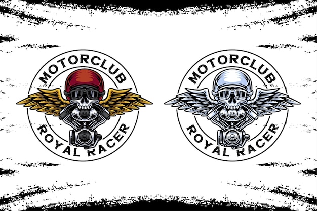 Vector logotipo retro del club de motocicletas plantilla de una calavera con alas con casco, gafas y motor