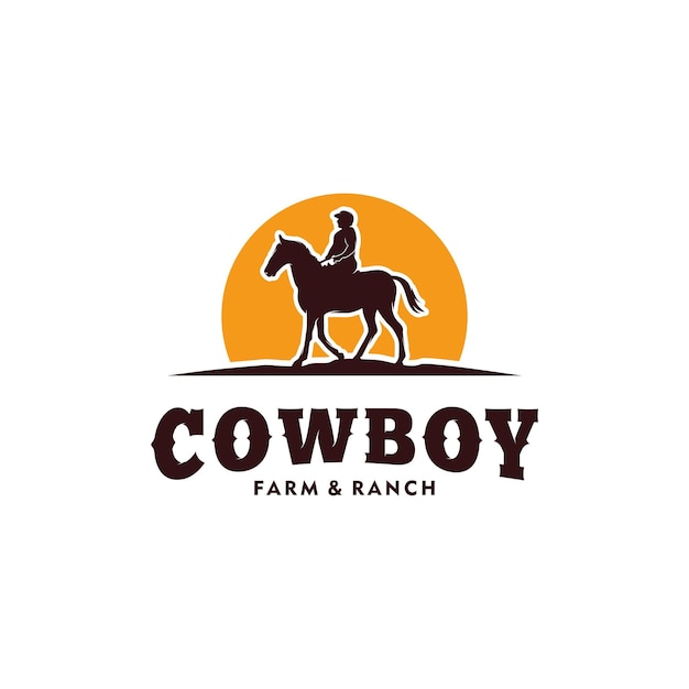 Logotipo retro del rodeo con la silueta de un jinete de caballo vaquero