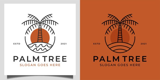 Logotipo retro vintage de palmera natural en la playa o el océano con onda para plantilla de logotipo de vacaciones de vibraciones de verano