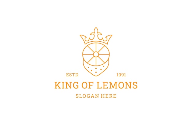 Logotipo del Rey Limón. Icono de arte de línea de frutas de limón fresco en color amarillo.