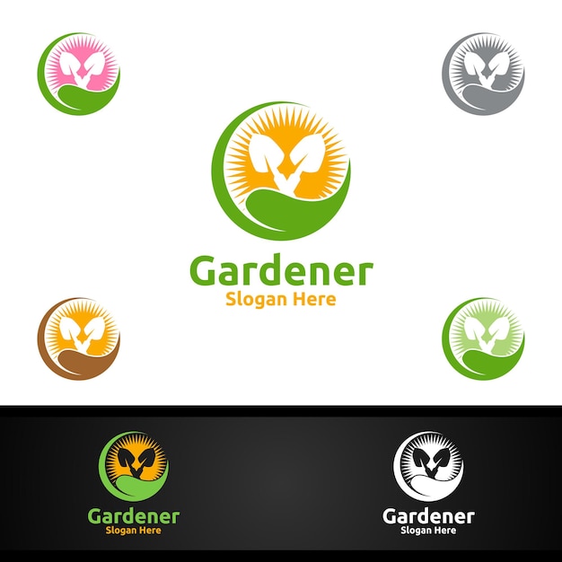 Vector logotipo de rise gardener con entorno de jardín verde o ilustración de diseño de vectores de agricultura botánica