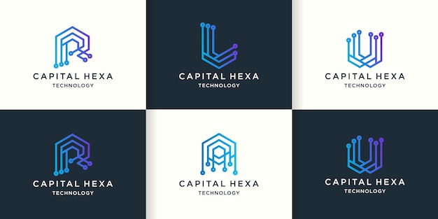 Logotipo de rlua de letra hexagonal con concepto de circuito