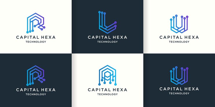 Vector logotipo de rlua de letra hexagonal con concepto de circuito