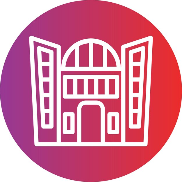 un logotipo rojo y púrpura con un edificio en el medio