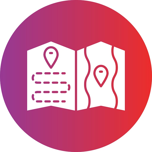 un logotipo rojo y púrpura con un mapa de la zona