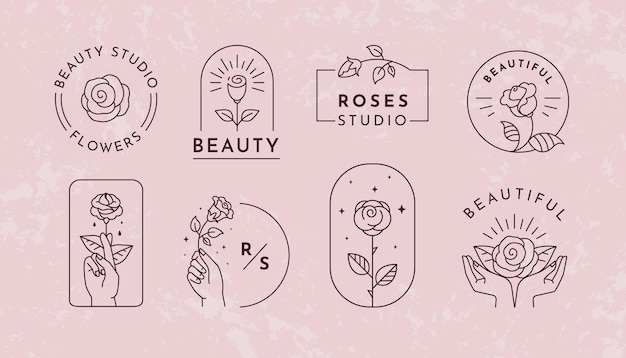 Logotipo de la rosa Líneas de flores diseño de logotipo mágico de la mano de la flor con contornos mínimos emblema de belleza de uñas tienda de frontera hipster o símbolo de spa Colección botánica Vector conjunto de iconos lineales minimalistas