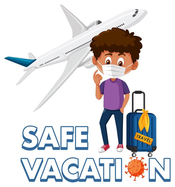 El logotipo de Safe Vacation con un niño turista usa una máscara lista para viajar durante la pandemia del covid-19