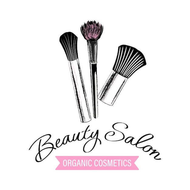 Vector logotipo del salón de belleza artículos cosméticos rímel cepillos cosméticos y letras ilustración dibujada a mano