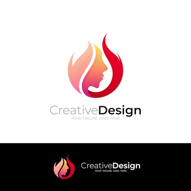 Logotipo de salón de belleza con combinación de diseño de fuego color rojo