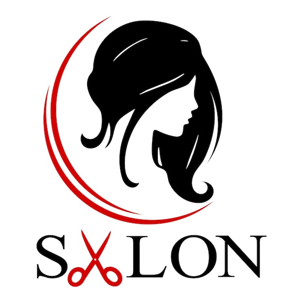 Logotipo para un salón de belleza Silueta de cara de niña y texto con tijeras Diseño negro y rojo