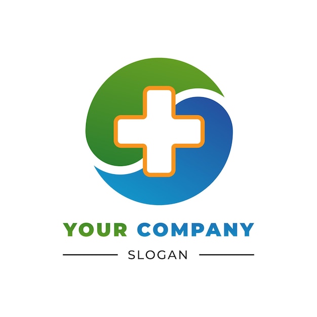 Vector logotipo de salud con una combinación de un círculo y una combinación de signo más de azul y verde