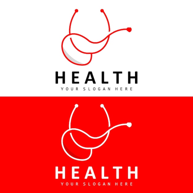 Logotipo de salud Diseño de enfermería y bienestar Icono de estetoscopio y onda de vector de línea simple