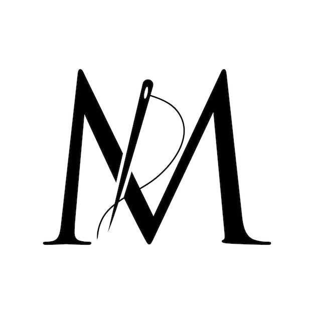Logotipo de sastre en la letra M Concepto con aguja y hilo Símbolo de tela