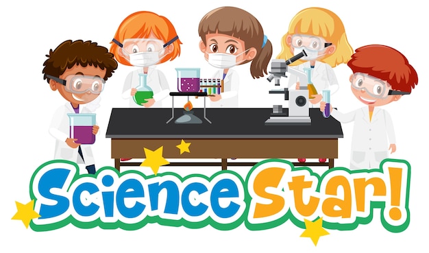 Logotipo de Science Star con niño y objeto de ciencia experimental aislado sobre fondo blanco.