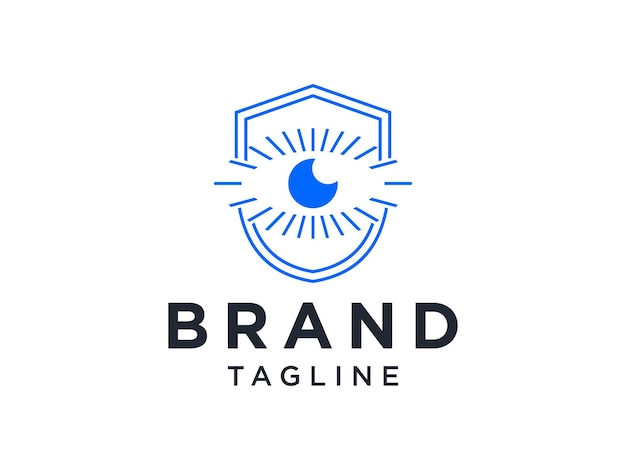 Logotipo de seguridad abstracto. Icono de escudo azul estilo lineal con cámara de lente ocular en el interior.