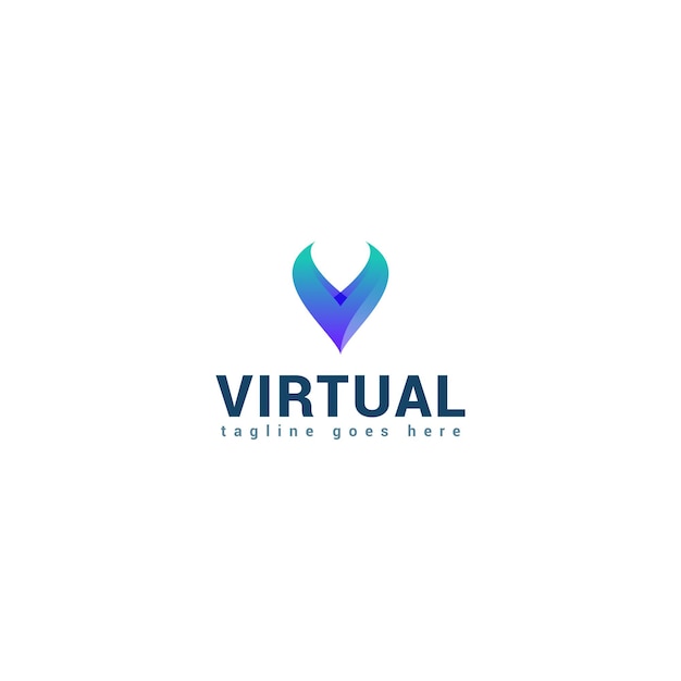 Vector logotipo de seguridad virtual tecnológica 3d con gradiente azul de la letra v