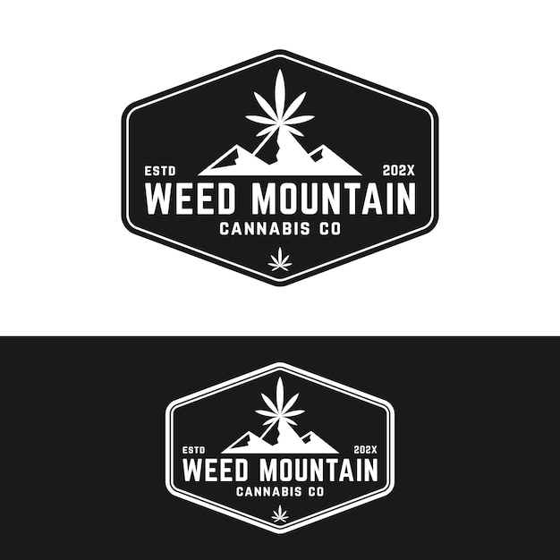 Vector logotipo del sello de la insignia de la montaña de la hierba de cannabis vintage