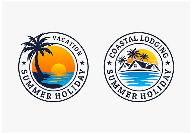 Logotipo de sello de playa de vacaciones de vacaciones Vector Premium