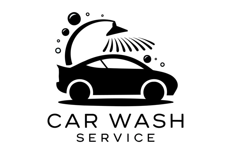 El logotipo del servicio de lavado de coches es un icono minimalista de limpieza automática negra y azul.