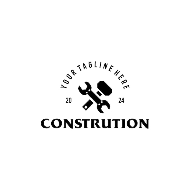 Logotipo de los servicios de construcción y reparación de edificios con un símbolo de martillo y llave inglesa