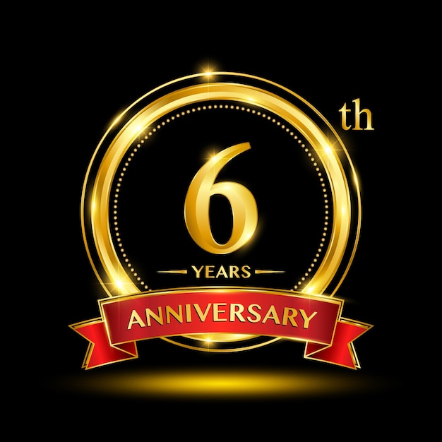 Logotipo del sexto aniversario con estilo de insignia dorada y cinta roja