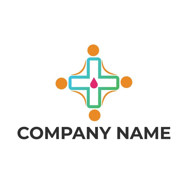 El logotipo con un signo más y gotas de sangre como símbolo del mundo médico y los humanos que se dan la mano