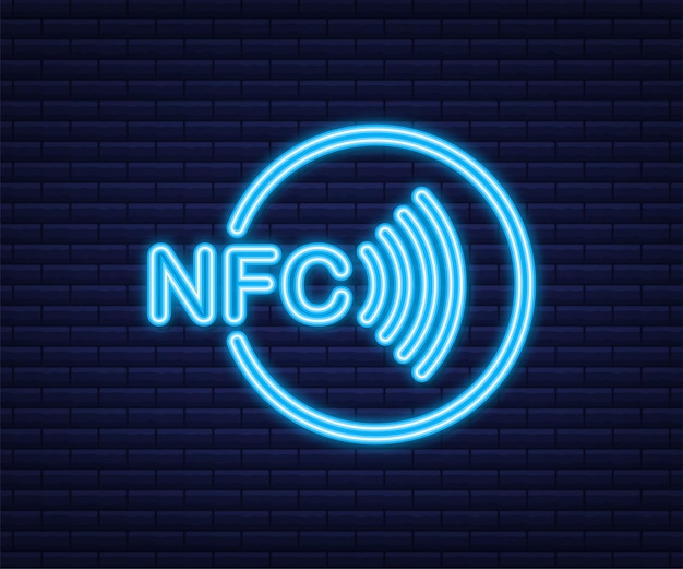 Logotipo de signo de pago inalámbrico sin contacto. Icono de neón. Tecnología NFC. Ilustración de stock vectorial.