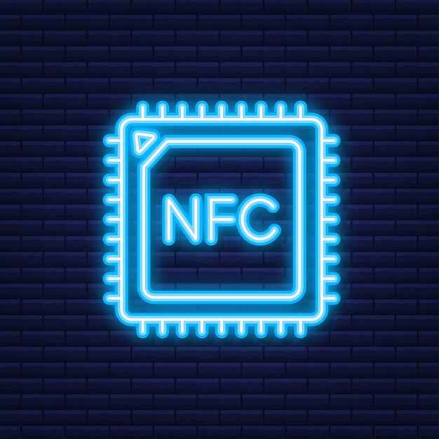 Logotipo de signo de pago inalámbrico sin contacto. Tecnología NFC. Ilustración vectorial. Icono de neón.