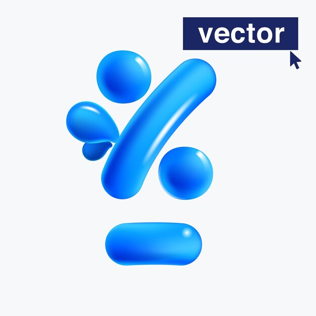 Logotipo de signo de porcentaje hecho de agua azul clara y gotas de rocío Estilo de dibujos animados de plástico realista en 3D