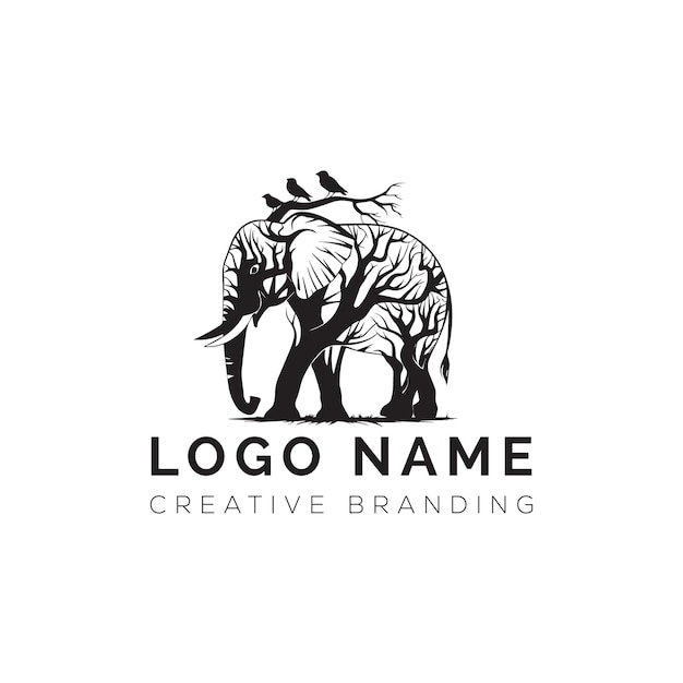 Logotipo de silueta de elefante y árbol con aves