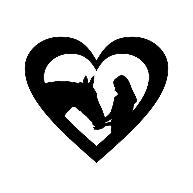 logotipo de silueta hecha a mano de corazón de niña y caballo