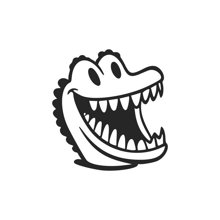 Vector logotipo simple en blanco y negro con un encantador cocodrilo alegre